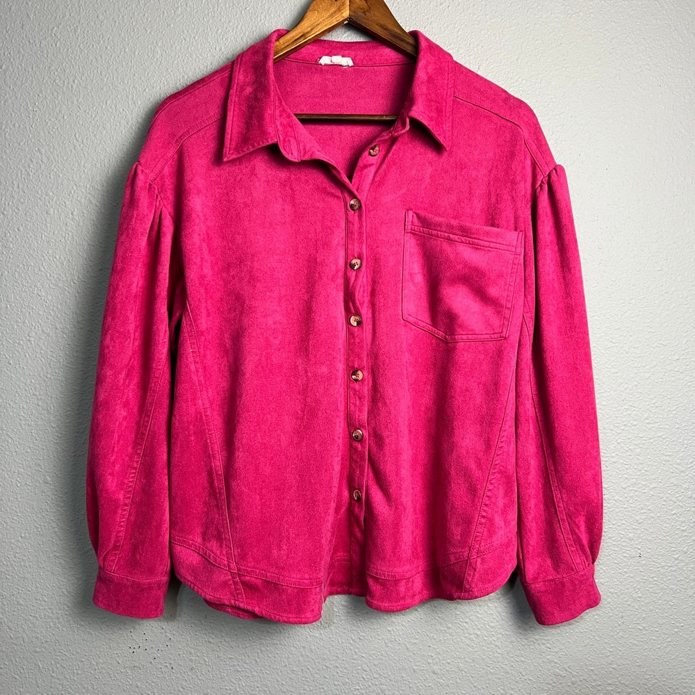 JODIFL Pink Romantic Boho Faux Suede Shirt Jacket Shacket Button Front Pocket Sm